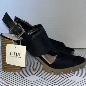 Ana Daly Heel Sandals Size 8 M Black Faux Suede Open Toe Buckle Chunky Y2K‎